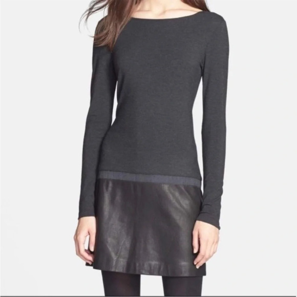 Theory Kieran Charcoal Gray Lambs Leather Zipper Sleeve Sweater Dress Small - Picture 1 of 7